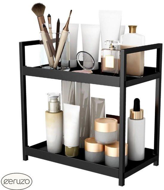 Black Bathroom Countertop Organizer With Basket Modern Storage For Toiletries And Makeup.